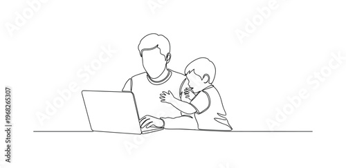 Home Work Balance. Minimalistic one-line drawing parent on computer with child interacting nearby, continuous single black line on white background, simple