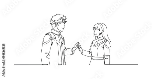 Matching Cosplay. Minimalistic one-line drawing couple wearing complementary anime outfits, continuous single black line on white background, simple outline