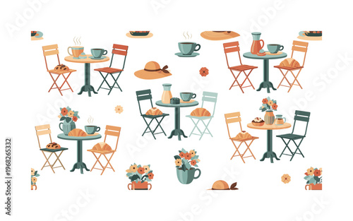 al fresco icons seamless pattern, repeating pattern, surface design, textile print, modern illustration of outdoor breakfast, coffee cups, pastries, flowers,