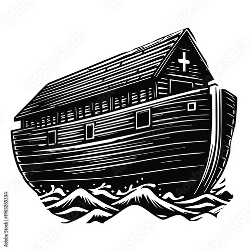 Noah's Ark Biblical Illustration  Woodcut Style Ark on Stormy Waves Vector