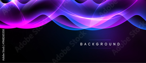 Abstract neon waves, vibrant purple hues, dark background. Modern design element, smooth gradients, dynamic flow.