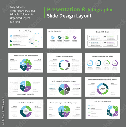 Presentation slides featuring market strategy, competition, and data analysis infographics for business