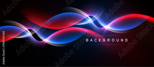 Abstract waves, vibrant blue, red hues. Dynamic light effects create modern background. Smooth curves suggest energy, motion.