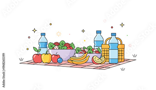 Backyard picnic healthy picnic scene where fruits, salads, and water bottles are displayed on a blanket while tiny sparkle and star icons highlight wellness,