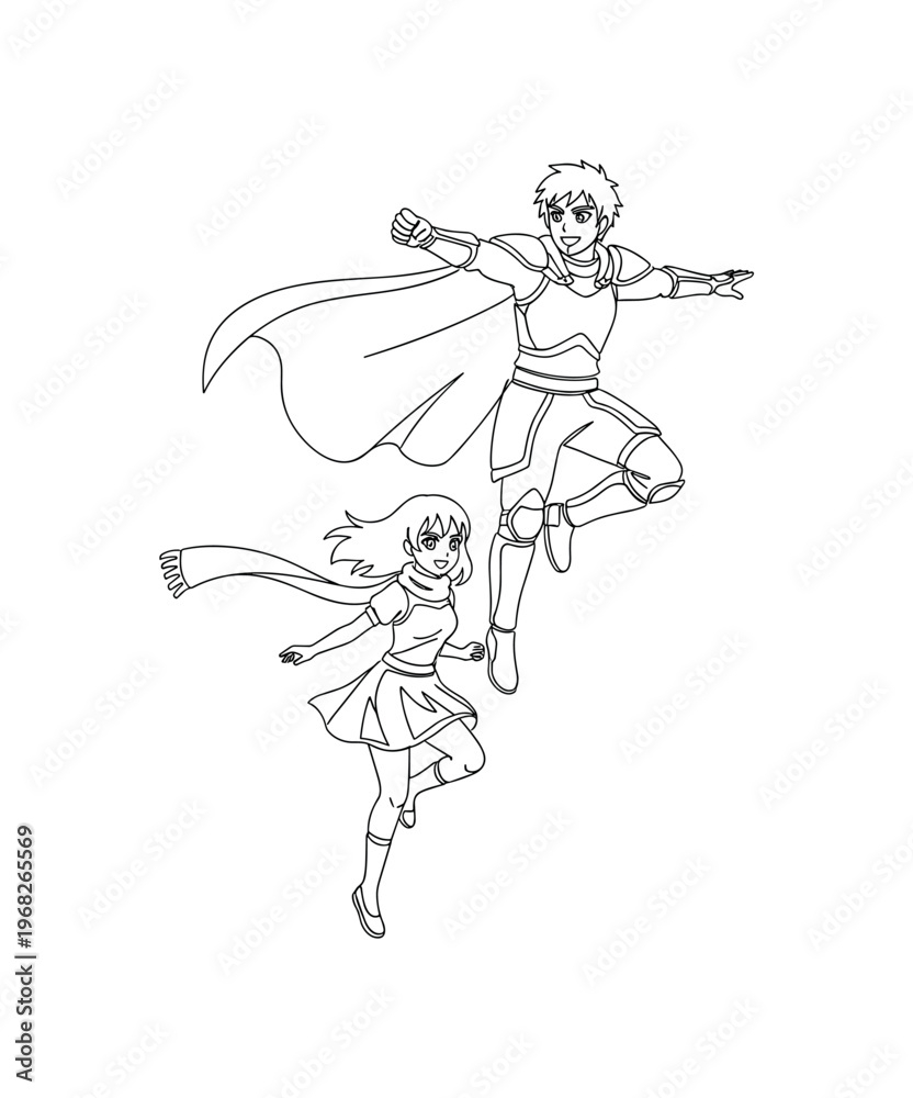 Fototapeta premium Couple in Cosplay. Minimalistic one-line drawing anime-inspired costumes with dynamic pose, continuous single black line on white background, simple outline