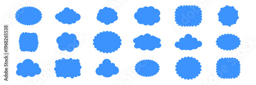 Fluffy cloud frame label set. Cloud shaped and jagged frame silhouette oval and circle frames with scalloped edges