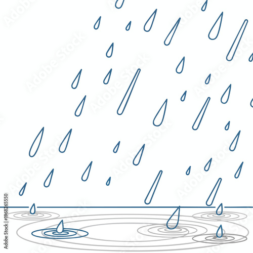 Blue line art depicts raindrops falling into water creating ripples