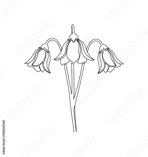 Sagging Petals. Minimalistic one-line drawing drooping flowers with elongated stems, continuous single black line on white background, simple outline style, no