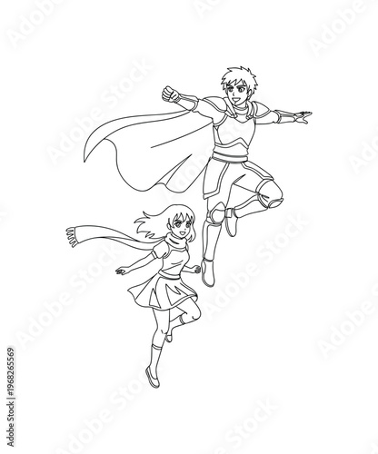 Couple in Cosplay. Minimalistic one-line drawing anime-inspired costumes with dynamic pose, continuous single black line on white background, simple outline