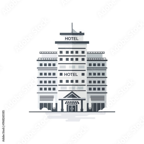 Stylized illustration of a multi-story hotel building with a prominent entrance and signage