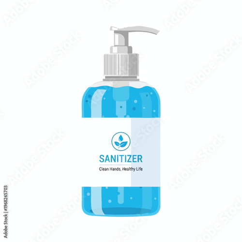 Clear pump bottle with blue gel, white label, and green leaf icon