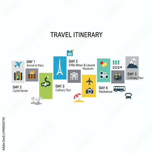 A visual travel itinerary showing daily activities and destinations