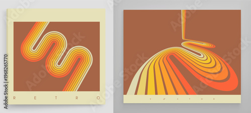 A retro 1970s-style background. Colorful lines. Abstract, dynamic curved ribbons. A serpentine curve of a race track. Designed for posters or banners for sports competitions. Vector illustration.