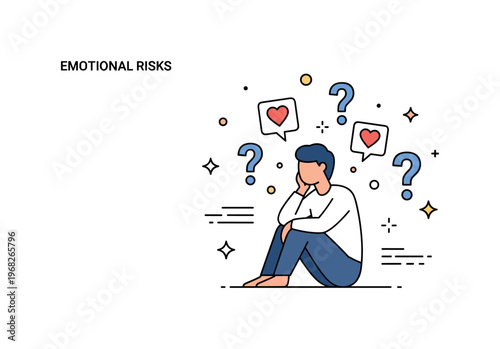 Emotional risks personal reflection concept where a person contemplates alone with a thoughtful expression while tiny sparkle and star icons