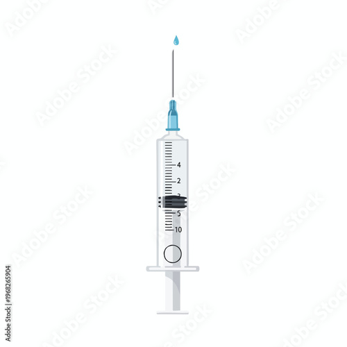Transparent syringe with blue cap and drop of liquid at needle tip
