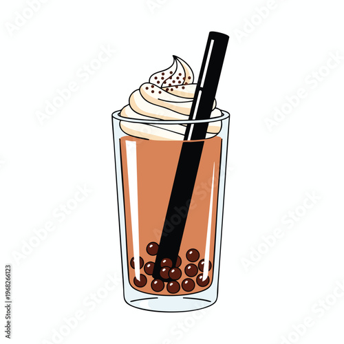 Brown liquid beverage in glass cup topped with whipped cream and tapioca pearls