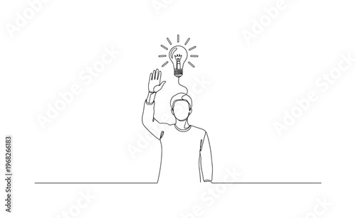 Sudden Idea. Minimalistic one-line drawing person raising hand with glowing lightbulb above, continuous single black line on white background, simple outline