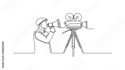 Film Crew Setup. Minimalistic one-line drawing director with megaphone and camera on set, continuous single black line on white background, simple outline
