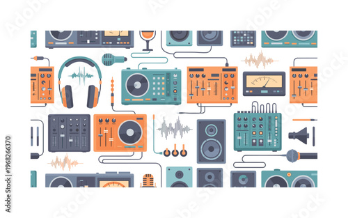 DJ mixing patterns seamless pattern, repeating pattern, surface design, textile print, modern illustration of mixing consoles, headphones, microphones, faders,