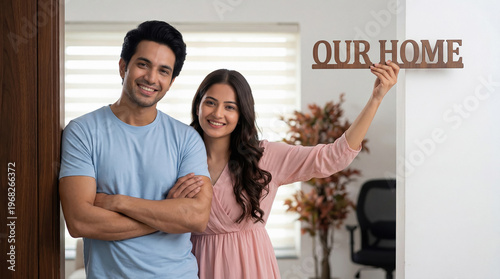 Happy Young Indian Couple Holding 'Our Home' Sign
