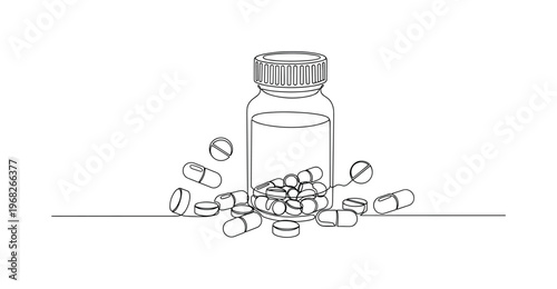 Healthcare Drugs. Minimalistic one-line drawing pill bottle with capsules and tablets around, continuous single black line on white background, simple outline