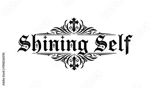 Shining Self. lettering and all elements in black. Vector style. AWhite background. Pure white background. Perfect isolation and visual consistency.