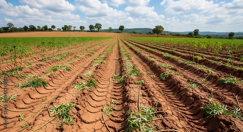 Agricultural Field with Rows of Crops Under a Cloudy Sky.