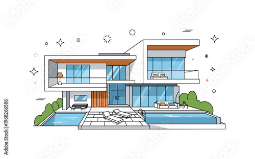 Modern architecture luxury villa scene where open terraces, minimalist pools, and angular forms highlight sophistication while tiny sparkle and star icons