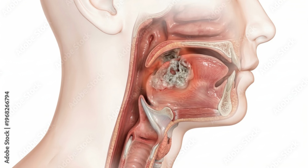 Fototapeta premium Laryngeal cancer medical visualization showing an irregular tumor mass invading the vocal cords within the laryngeal wall inside a ghostly neck contour for clinical oncology diagnostic illustration