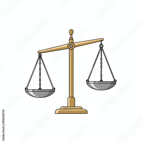 A simple gold scale with two empty silver pans hangs, balanced on a white background