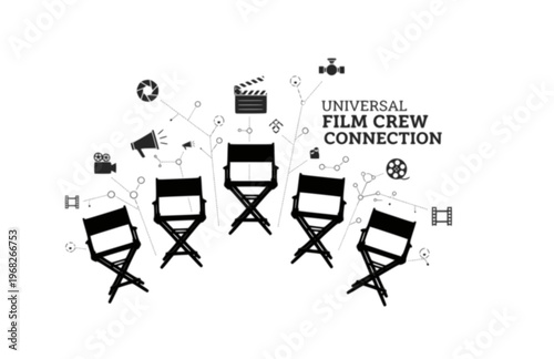Connectioneering Director Chairs Silhouette, Universal Film Crew Connection Vector, Minimalist Collaborative Cinema Illustration