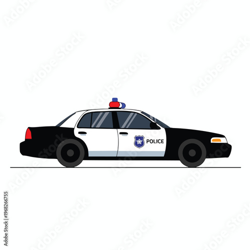 Side view of a black and white police car with flashing lights and badge