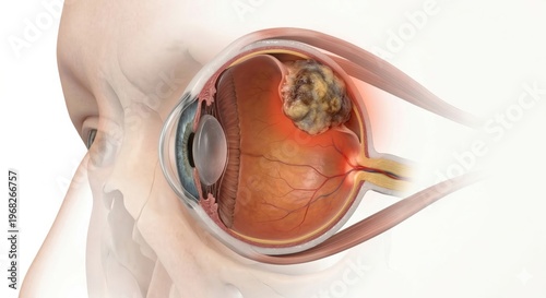 Medical visualization of primary Ocular Melanoma (uveal melanoma) showing nodular, non-homogeneous, infiltrative tumor mass arising from the choroid, clinical ophthalmology and oncology illustration