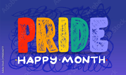 Lettering bold rainbow text hand drawn PRIDE with minimal layout for 2026 LGBTQ celebration message. Calligraphy Pride Month 2026 with a love. Vector Illustration on dark blue background.