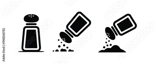 Salt shaker and pouring salt icons set kitchen seasoning cooking ingredient for food preparation