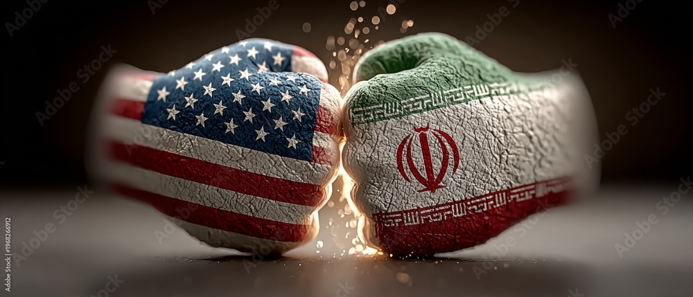 Fototapeta premium National forces collide: imagery of power and geopolitical tension. Color blocking. Fists of american and iranian flags meet in a smoky clash of power. Art direction. Minimal layout.