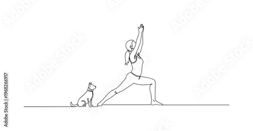 Animal Yoga Flow. Minimalistic one-line drawing person in warrior pose with pet observing, continuous single black line on white background, simple outline