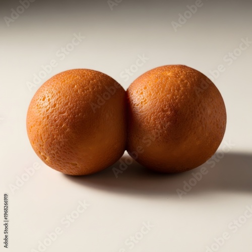 Two peaches placed closely together on a reflective surface