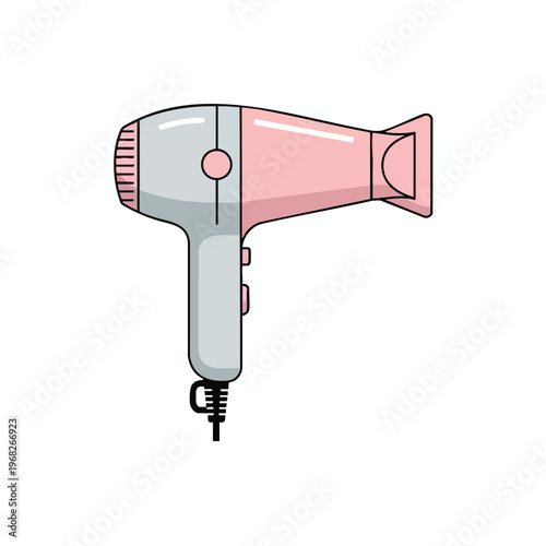 A stylized illustration of a pink and gray hairdryer with a black cord