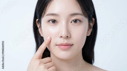 Beautiful young Asian woman pointing at her flawless, glowing skin, showcasing perfect complexion and natural beauty for advanced skincare and hydration concepts.