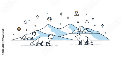 Siberia frozen tundra wildlife concept where Arctic foxes roam snow-covered plains while small sparkle and line icons emphasize resilience, adaptation, and