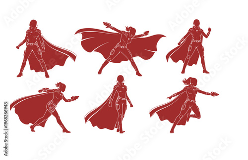 Sci-Fi Movie Heroine Silhouette Sticker, Modern Cape Power Pose Vector, High Tech Hollywood Action Character Illustration