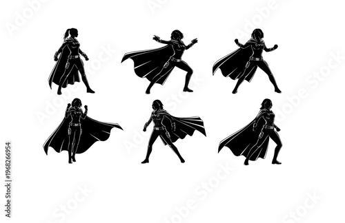 Sci-Fi Movie Heroine Silhouette Sticker, Modern Cape Power Pose Vector, High Tech Hollywood Action Character Illustration