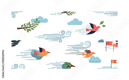 gust motifs seamless pattern, repeating pattern, surface design, textile print, modern illustration of swirling winds, flying leaves, branches, clouds, birds,