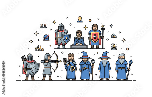 Game characters medieval quest scene where knights, archers, and wizards gather while small sparkle and line icons emphasize role-play, teamwork, and fantasy