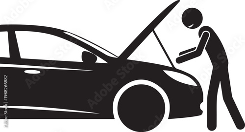 Repairman near the car icon. Car repair service icon. Vector.