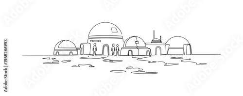 Martian Colony. Minimalistic one-line drawing aliens standing near domes or structures on red planet surface, continuous single black line on white background,