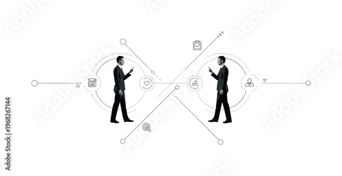 mirrored posture circular frames thin diagonal lines and abstract line icons realistic monochrome person adjusting stance and gestures to match another in