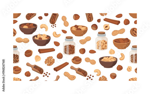 hazelnut mix motifs seamless pattern, repeating pattern, surface design, textile print, modern illustration of roasted almonds, cashews, peanuts, walnuts,