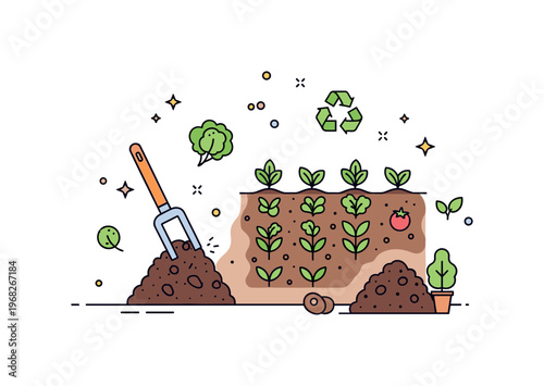 Vegetable patch composting concept where soil is enriched with natural compost near vegetable rows while tiny sparkle and star icons highlight sustainability,